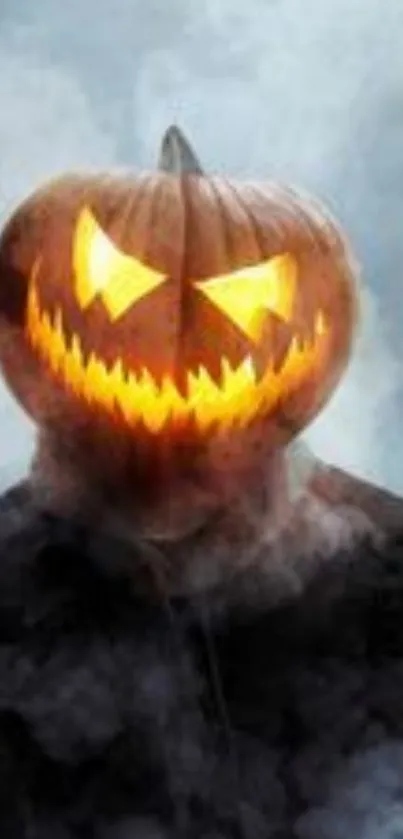 Eerie pumpkin head with glowing face in smoky background for Halloween.