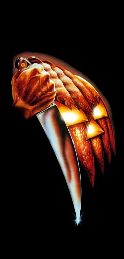 Halloween-themed wallpaper with pumpkin and knife design.