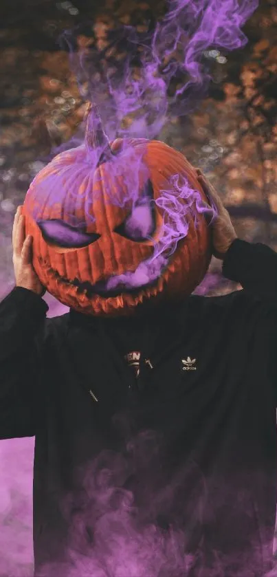 Eerie pumpkin head with purple mist in forest for Halloween.