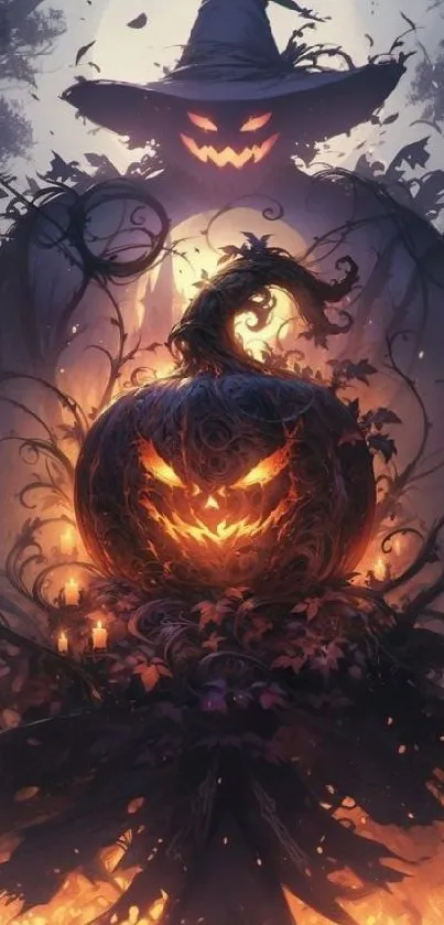 Spooky glowing pumpkin with eerie background for mobile wallpaper.