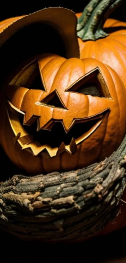 Carved jack-o-lantern pumpkin with eerie expression, perfect for Halloween theme.