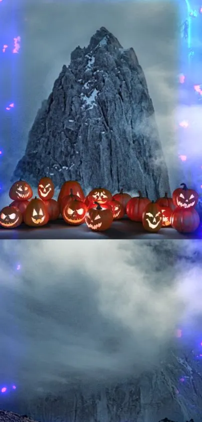 Spooky mountain with glowing pumpkins in a mystical Halloween scene.