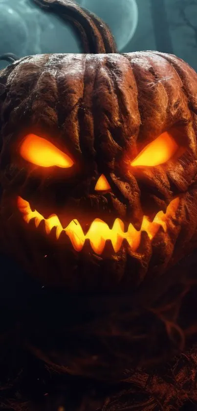 Glowing pumpkin with eerie eyes in a dark, spooky forest setting.