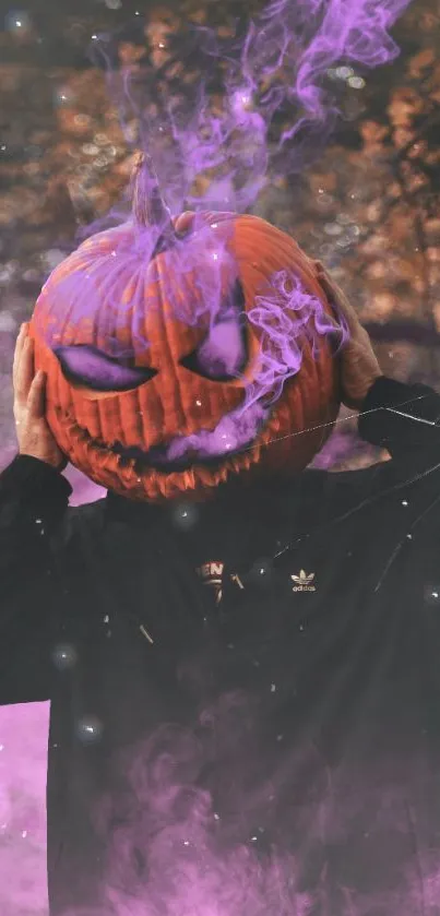 Glowing pumpkin head surrounded by purple smoke for Halloween.