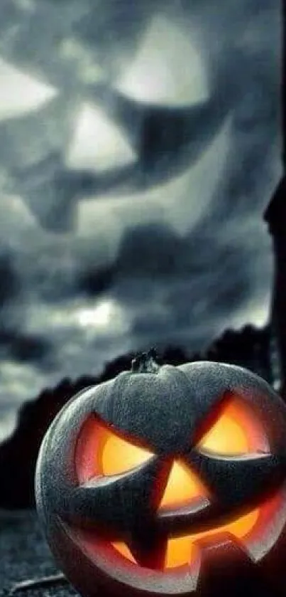 Glowing pumpkin in dark stormy night sky for Halloween wallpaper.