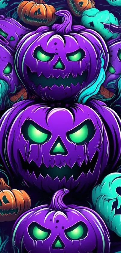 Spooky purple pumpkin mobile wallpaper with glowing eyes.