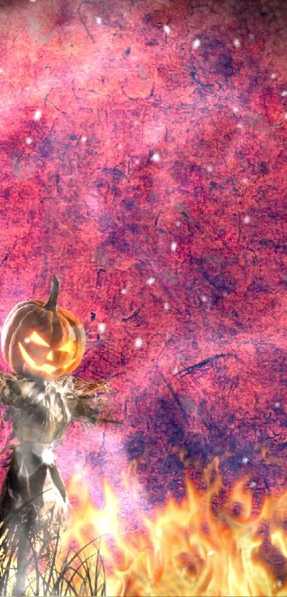 Halloween pumpkin scarecrow with flames and purple cosmic background.