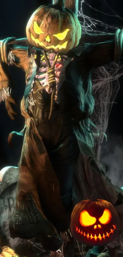 Spooky pumpkin scarecrow in a dark setting with autumn colors.