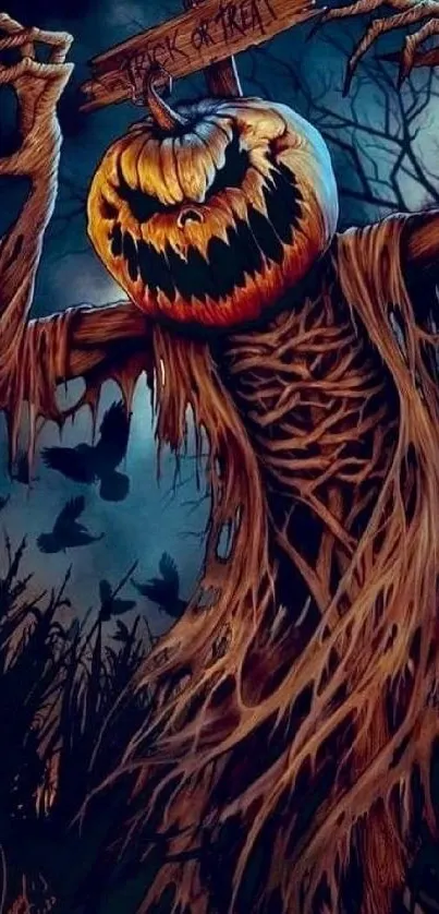 Spooky pumpkin scarecrow in a dark forest at night.