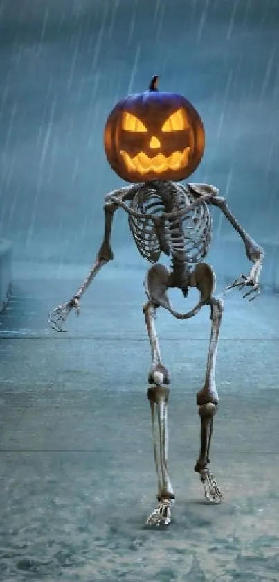 Spooky skeleton with pumpkin head on a rainy night bridge.