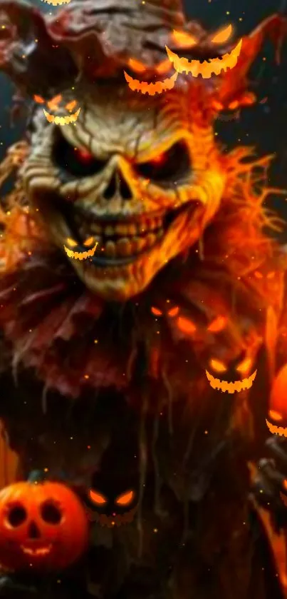 Skeleton holding pumpkins in Halloween scene.