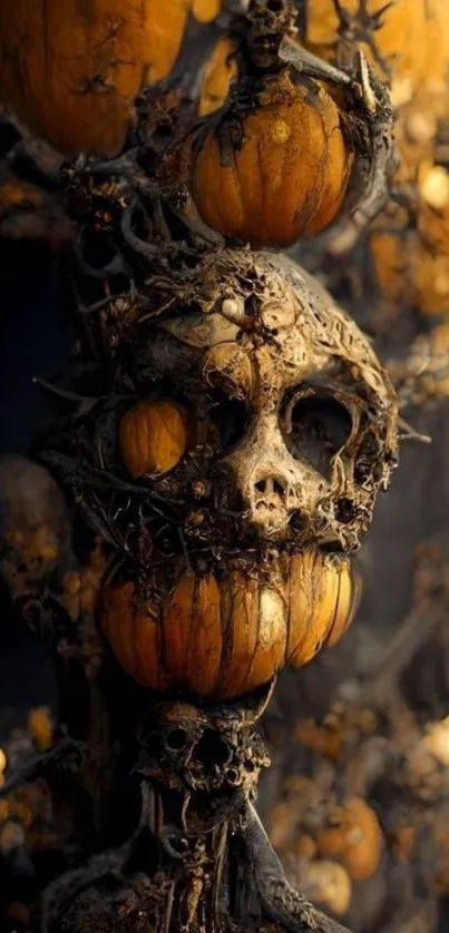 Chilling skull made of pumpkins in whimsical Halloween style.