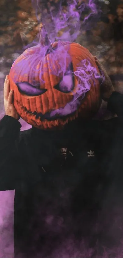 Spooky Halloween pumpkin with purple smoke background.