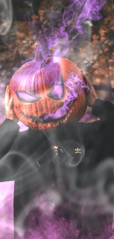 Mysterious figure with a pumpkin head exhaling purple smoke in an autumn forest.