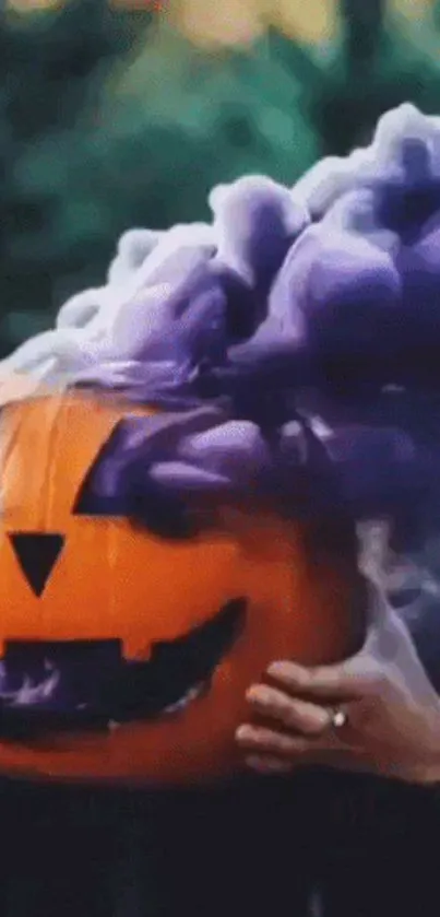 Spooky pumpkin with purple smoke effect wallpaper.