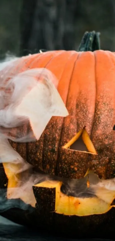 Eerie jack-o'-lantern with smoke for a Halloween theme wallpaper.