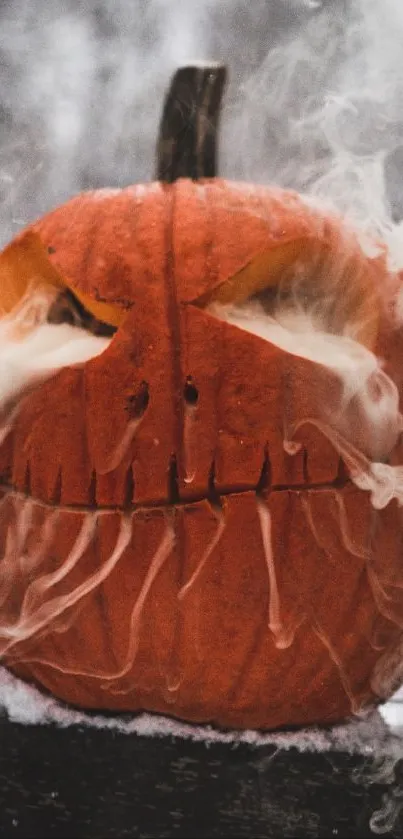 Smoke billowing from a carved pumpkin in a mystical Halloween setting.