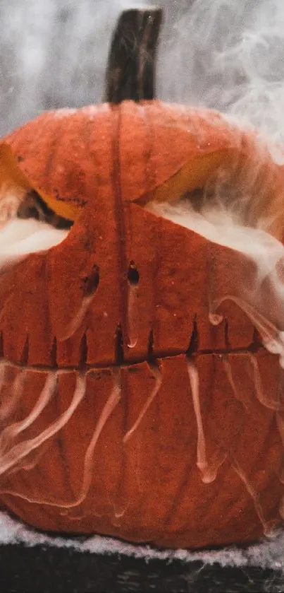 Eerie carved pumpkin emitting smoke in the woods, perfect for Halloween.