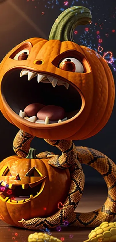 3D spooky pumpkin and snake on dark background.