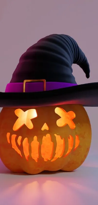Carved jack-o'-lantern with witch hat glowing.