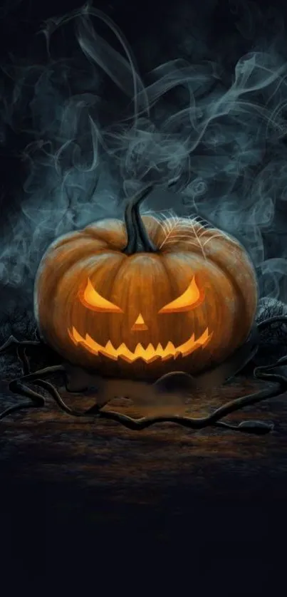 Dark Halloween wallpaper with glowing pumpkin.