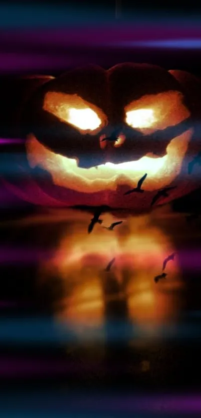 Eerie glowing pumpkin with bats against a dark background.