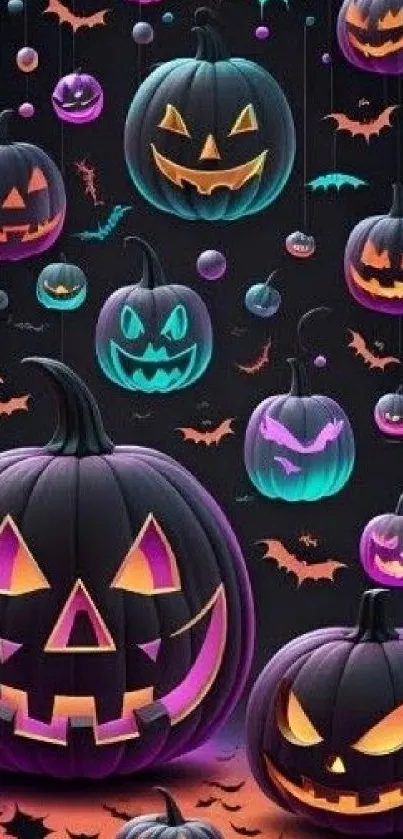 Halloween wallpaper with glowing pumpkins and bats on a dark background.