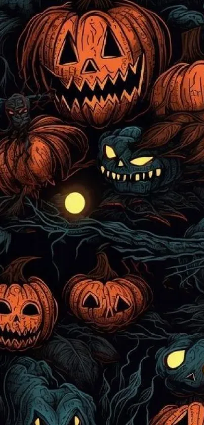 Spooky Halloween wallpaper with pumpkins and glowing eyes.