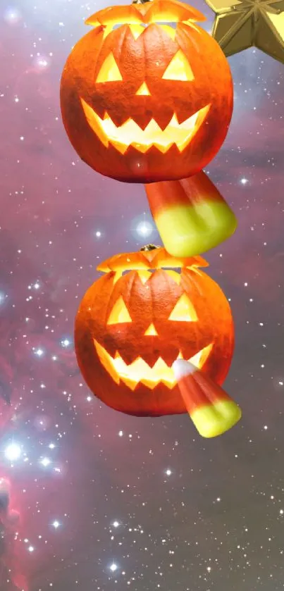 Halloween pumpkin wallpaper with stars in a cosmic night sky.