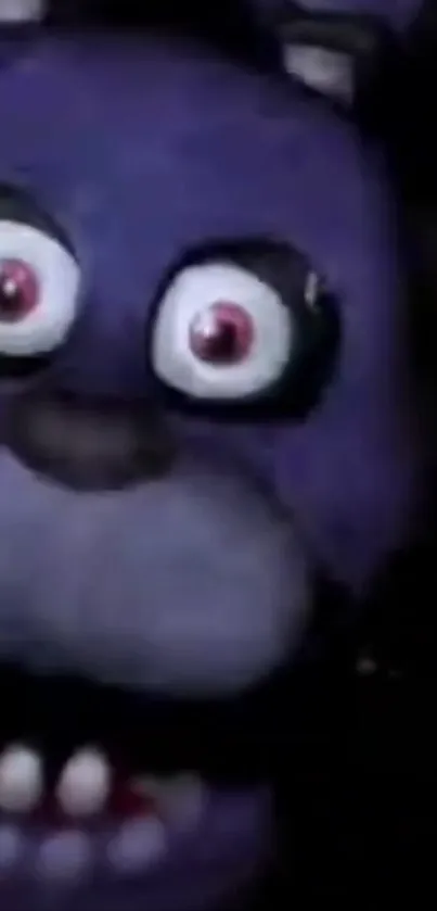 Close-up of a purple animatronic face with eerie red eyes, perfect for horror fans.