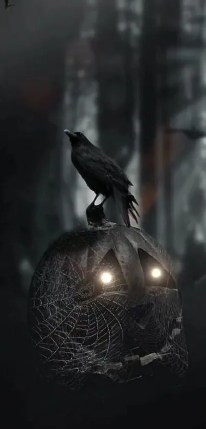 Raven perched on Halloween pumpkin in dark forest.