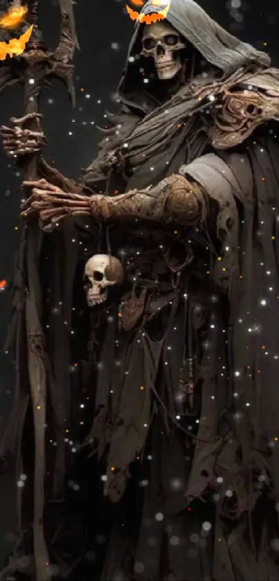 A skeleton reaper in dark cloak with spooky details.