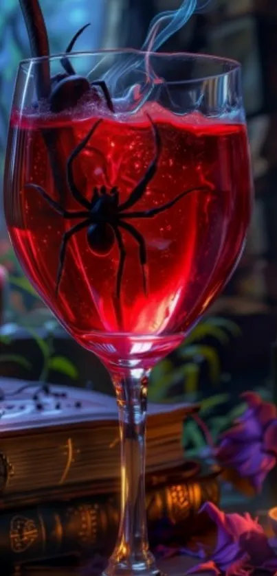 A spooky red drink with a spider in a glass setting.