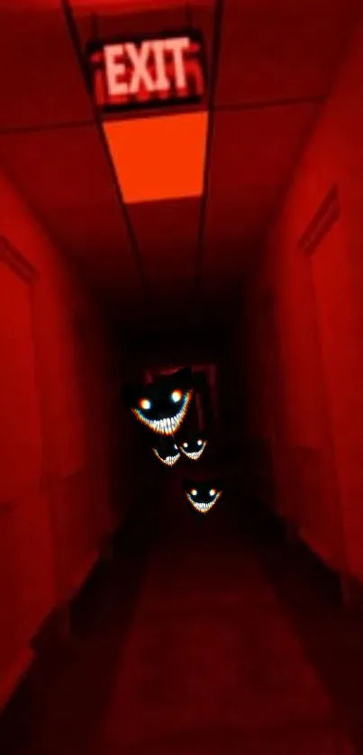 Spooky red hallway wallpaper with glowing grins and an exit sign.