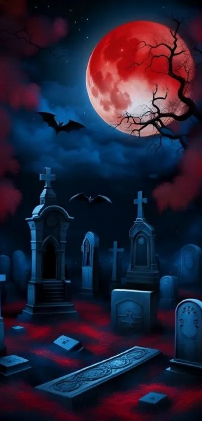 Spooky graveyard under red moonlight with bats flying.