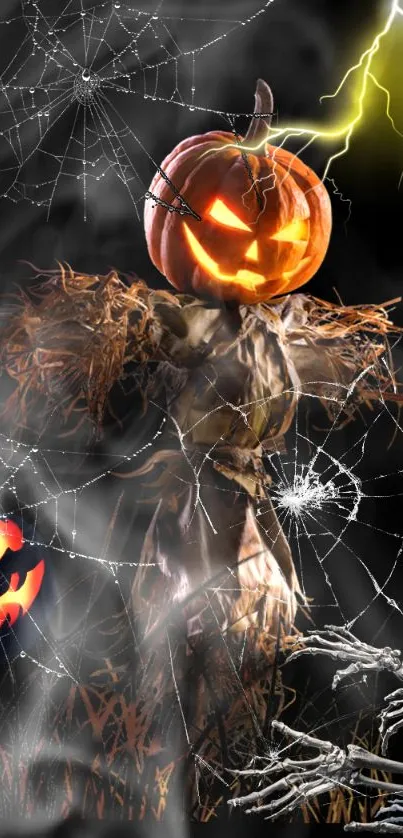 Spooky scarecrow with a pumpkin head amidst spiderwebs and lightning.