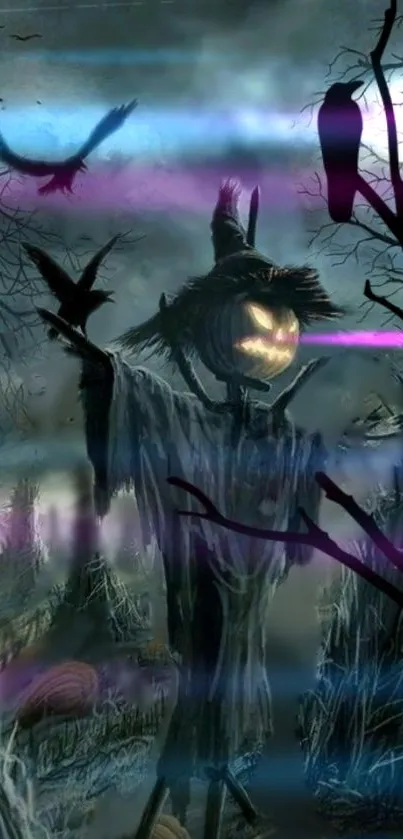 Spooky scarecrow with misty background and crows in Halloween theme.