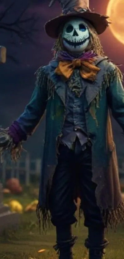 Scarecrow in graveyard under full moon, Halloween theme.