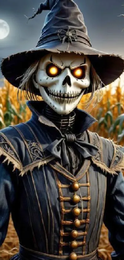 Scarecrow with glowing eyes in moonlit cornfield.