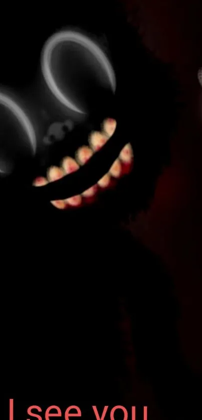 Spooky shadow figure with glowing eyes and mouth on a dark wallpaper background.