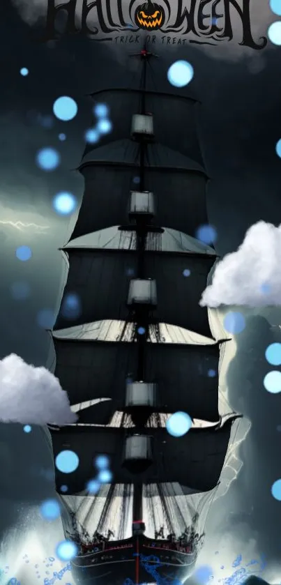 Halloween-themed ship sailing in stormy skies with clouds.