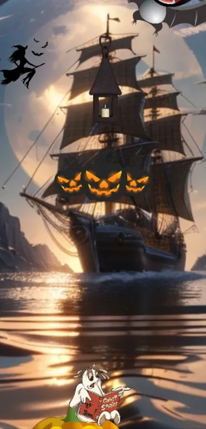 Spooky ship with pumpkins and witch in moonlight.