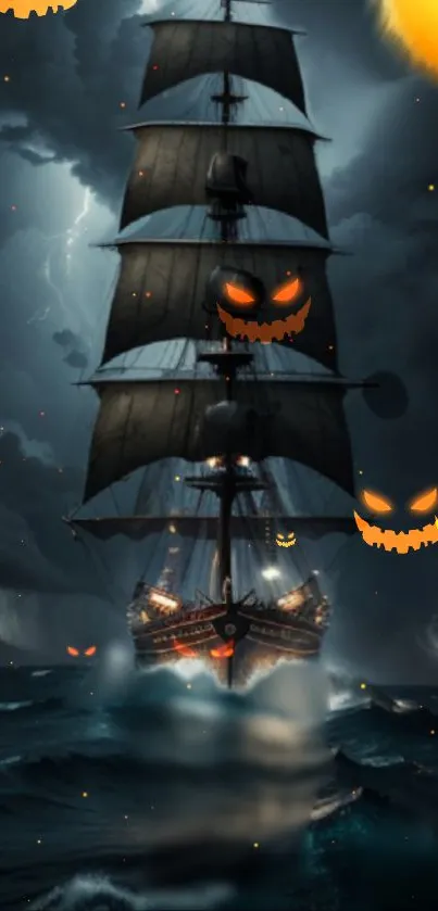 Spooky Halloween ship sailing under pumpkin-lit stormy skies at night.