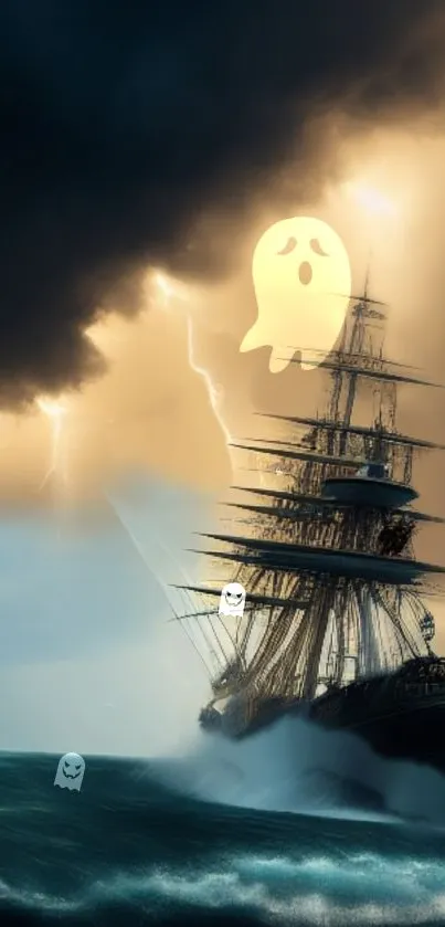 Haunted ghost ship sailing through stormy seas under dark clouds.