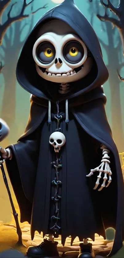 Cartoon skeleton with dark cloak in moonlit forest wallpaper.