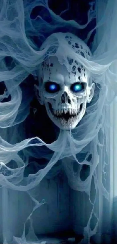 A spooky skeleton ghost with glowing blue eyes set against a dark backdrop.