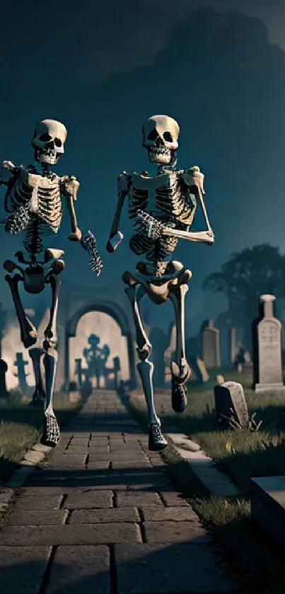 Skeletons walking in a moonlit graveyard full of tombstones.