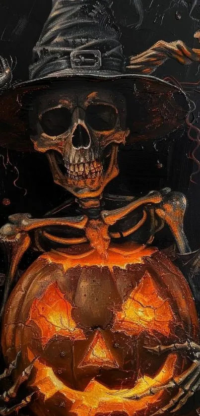 Skeleton with pumpkin and witch hat Halloween art.