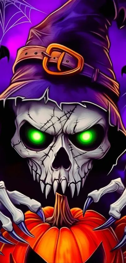 Spooky skeleton with glowing eyes in Halloween theme.