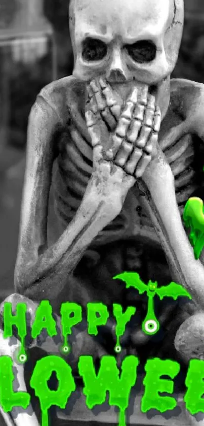 Skeleton with green Halloween text wallpaper.